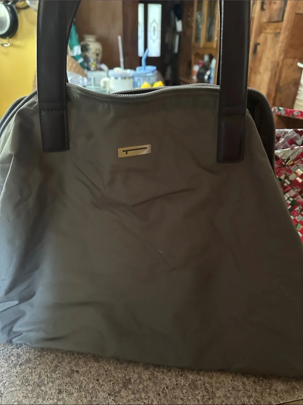 Tumi Olive Fabric and Brown Leather Laptop Bag
